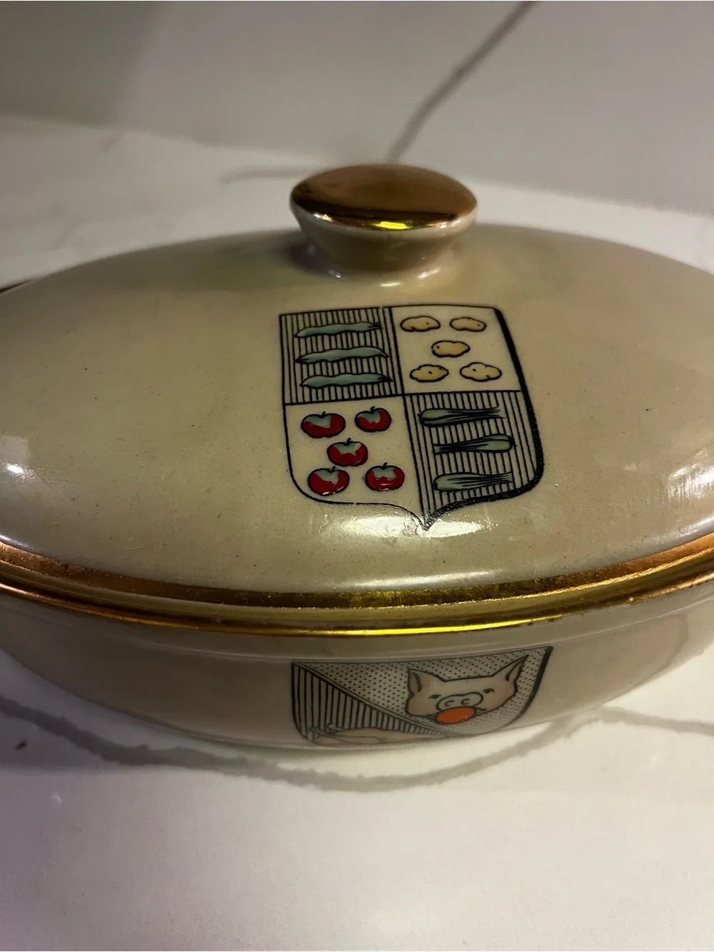 Cream Ceramic Covered Casserole Dish with Gold Trim